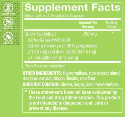 The Vitamin Shoppe Triple Strength Green Tea Extract 750mg Capsules with EGCG – A Natural Antioxidant to Support Fat Metabolism – Fights Free Radicals – Decaffeinated (100 Vegetarian Capsules)
