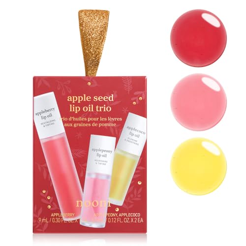 NOONI Korean Vegan Appleseed Lip Oil Gift Set - Limited Edition | Long-Lasting, Moisturizing, Plumping, Revitalizing for Dry Lips, Waterproof, No Peel Off, Hydrating, 0.12 Oz x 3ea