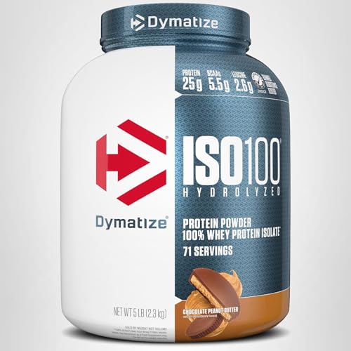 Dymatize ISO100 Whey Protein Powder Isolate, Chocolate Peanut Butter, 25g of Protein, 20 Servings, 5.5g BCAAs, Less Than 120 Cal., Gluten Free, 1g Fat, 1g Sugar, 2g Carb