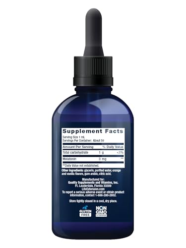 Life Extension Fast-Acting Liquid Melatonin (Citrus-Vanilla Flavor), 3 mg, Optimal Sleep Support, Healthy circadian Rhythms, Cellular Defense, Gluten-Free, Non-GMO, 2 fl oz