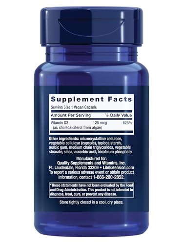 Life Extension Vegan Vitamin D3, 125 mcg (5000 IU), cholecalciferol from Algae, high-Potency Immune, Bone & Whole-Body Health, Gluten-Free, Non-GMO, 1 Daily, Vegan, 60 Vegan Capsules