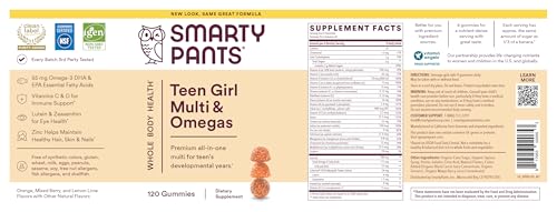 SmartyPants Teen Girl Multivitamin Gummies: Omega 3 Fish Oil (EPA/DHA), Vitamin C, D3, B12, Vitamin A, K & Zinc, Gluten Free, Includes Biotin to Support Hair, Skin & Nails, 120 Count (30 Day Supply)