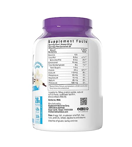 BlueBonnet Nutrition Whey Protein Isolate Powder From Grass Fed Cows, 26g of Protein, No Sugar Added, Gluten & Soy free, kosher Dairy, 2 Lbs, 28 Servings, French Vanilla Flavor