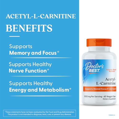 Doctors Best Acetyl-L-Carnitine, Supports Mental Focus & Alertness, Non-GMO, Gluten Free, Soy Free, Vegan 60 Veggie Caps
