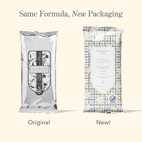Beekman 1802 Face & Body Wipes, Vanilla Absolute - Scented - 30 Count - Cleanses Dirt & Makeup - With Goat Milk, Aloe & Vitamin E - Alcohol Free, Biodegradable - Good for Sensitive Skin - Cruelty Free