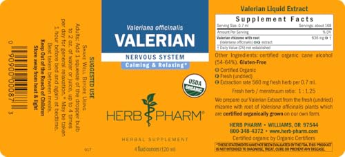 Herb Pharm Certified Organic Valerian Root Liquid Extract for Relaxation and Restful Sleep, Organic Cane Alcohol, 4 Ounce