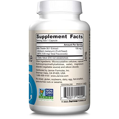 Jarrow Formulas Milk Thistle Supplement 150 mg. 30:1 Milk Thistle Extract Standardized to 80% Total Flavonoids, Dietary Supplement for Liver Function Support, 200 Veggie Capsules, Up to 200 Day Supply