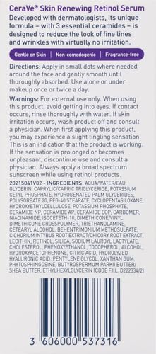 CeraVe Anti Aging Retinol Serum For Face, Encapsulated Retinol With Hyaluronic Acid, Niacinamide & Ceramides, Smooths Wrinkles & Fine Lines, Gentle Skin Brightening Serum, Fragrance Free, 1 Oz