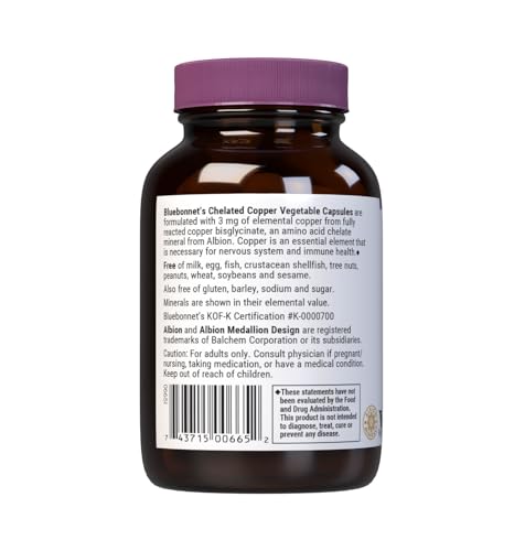 Bluebonnet Nutrition Albion Chelated Copper, 3 mg of Copper, For Nervous System & Immune Health*, Soy-Free, Gluten-Free, Non-GMO, Kosher Certified, Dairy-Free, Vegan, 90 Vegetable Capsule, 90 Servings