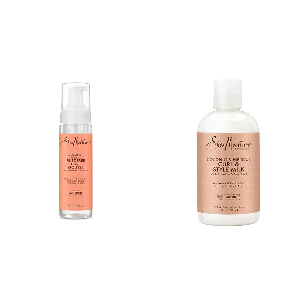 SheaMoisture Curl Mousse Coconut and Hibiscus & Fair Trade Sulfate Free Coconut Hibiscus Curl & Style Milk with Silk Protein & Neem Oil For Thick, Defined, Curly Hair 8 oz