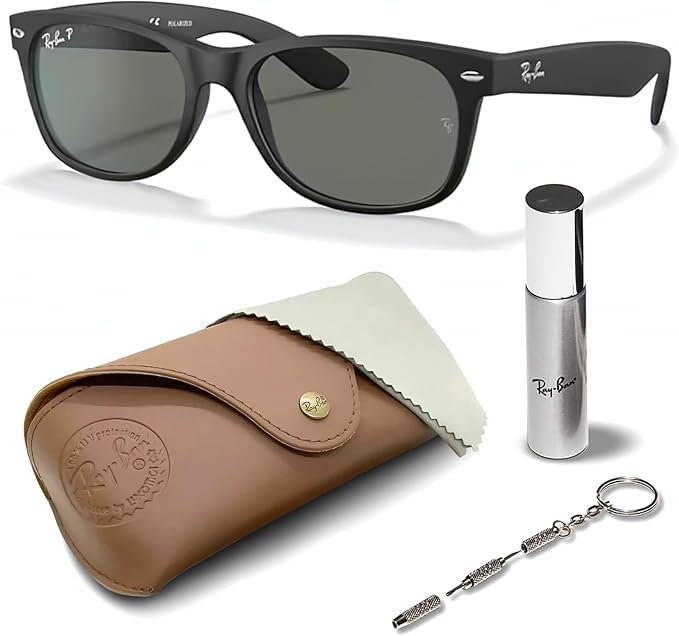 Ray-Ban RB2132 NEW WAYFARER CLASSIC POLARIZED Square Shaped Sunglasses for Men & Women – Includes Official Rayban Eyewear Kit – Ideal Formal & Casual Wear Sunglasses – Green Lens