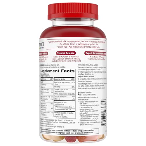 Centrum MultiGummies Multi+ Omega 3 Dual Action, Adult Multivitamin, Multivitamin/Multimineral/Omega 3 Supplement, Strawberry/Lemon/Orange Flavors - 110 Count