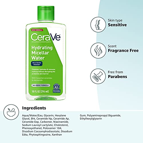CeraVe Micellar Water, Hydrating Facial Cleanser & Eye Makeup Remover with Niacinamide, Ceramides & Glycerin, Fragrance-Free & Non-Irritating, 10 Fluid Ounces