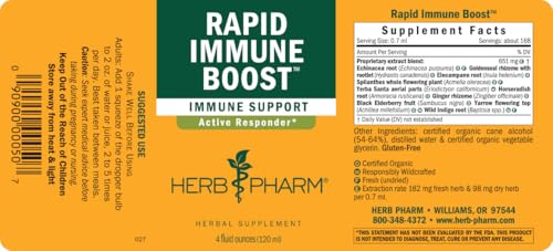 Herb Pharm Organic Rapid Immune Boost: Fast-Absorbing Tincture for Adults, Echinacea Tincture with Goldenseal, Ginger Extract & Elderberry, Immune Support Supplement & Wellness Aid, 4 Oz