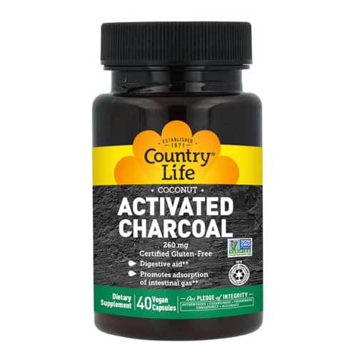 Country Life Coconut Activated Charcoal Capsules, 260mg – Natural Charcoal Supplement for Gas and Bloating Relief - Gluten-Free, 40 Vegan Capsules