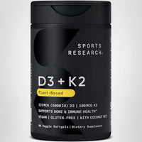 Thumbnail for Sports Research® Vitamin D3 + K2 w/ Coconut Oil - Vegan Vitamin D 5000iu & Mk7 Vitamin K 100mcg for Bone & Immune Support - Vegan Certified · Non-GMO · Soy Free - 60 Softgels