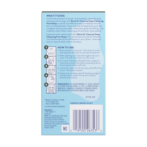 Bioré Charcoal Deep Cleansing Pore Strips for Men, Nose Strips for Blackhead Removal on Oily Skin, Features C-Bond Technology with Instant Pore Unclogging, 6 Count