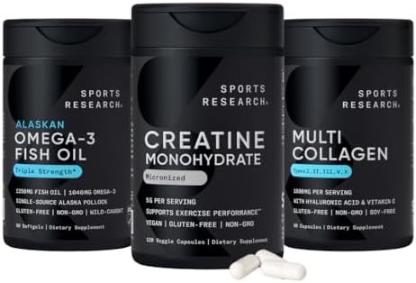 Sports Research® Supplements Pack - Creatine Monohydrate Capsules + Triple Strength Omega 3 Fish Oil + Multi Collagen Peptides (Type I, II, III, V, X) Enhanced with Hyaluronic Acid & Vitamin C