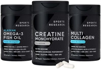 Thumbnail for Sports Research® Supplements Pack - Creatine Monohydrate Capsules + Triple Strength Omega 3 Fish Oil + Multi Collagen Peptides (Type I, II, III, V, X) Enhanced with Hyaluronic Acid & Vitamin C