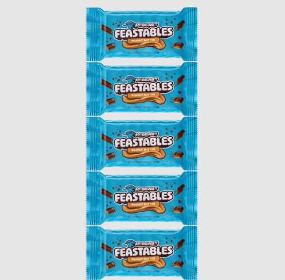 Feastables MrBeast Peanut Butter Milk Chocolate Chocolate Bar, Full Size Bar for Adults & Kids, Candy Bars, Snacks, Gifts, & Dessert, Fairtrade Cocoa, 1.24 Oz Each, 5 Count