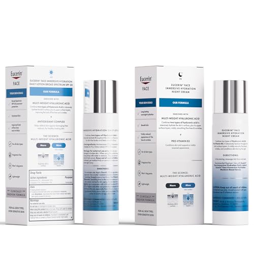 Eucerin Face Immersive Hydration Skin Care Set, Daily Face Lotion with SPF 30 (2.5 Fl Oz) + Night Cream with Hyaluronic Acid (2.5 Oz), Facial Moisturizer Improves the Look of Fine Lines and Wrinkles