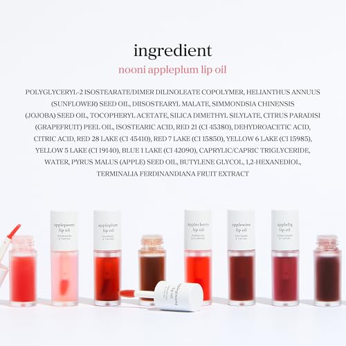 NOONI Korean Lip Oil - Appleplum | Long-Lasting, Moisturizing, Plumping, Revitalizing for Dry Lips, Waterproof, No Peel Off, Korean Tint, Hydrating, Nourishing Crystal Clear, 0.12 FL Oz