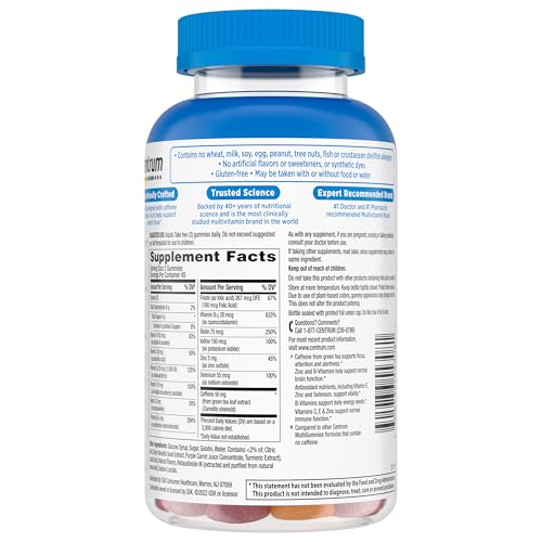 Centrum MultiGummies Multi+ Dual Action Mental Focus Adult Multivitamin with Caffeine from Green Tea, Supports Mental Focus, Attention and Alertness, Lemon/Orange Flavors - 90 Count