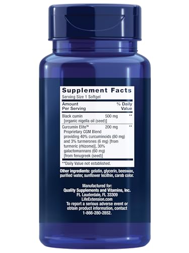 Life Extension Black Cumin Seed Oil and Curcumin Elite, Black Cumin, Turmeric Extract, Immune Health Support, high bioavailability, Whole-Body Health, Gluten Free, Non-GMO, 60 softgels