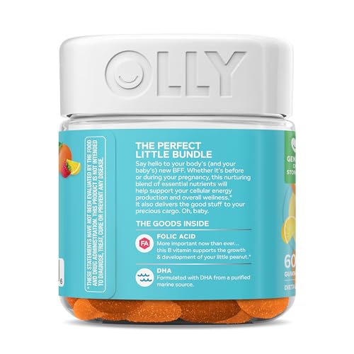 OLLY Prenatal Multivitamin Gummy, Supports Healthy Growth and Brain Development, Folic Acid, Vitamin D, Omega 3 DHA, Chewable Supplement, Citrus Berry Flavor, 30 Day Supply - 60 Count