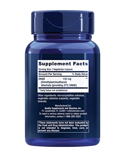 Life Extension DMAE Bitartrate, Supports neurotransmitter Production, 6-Month Supply, Gluten-Free, Non-GMO, Vegetarian, 200 Capsules