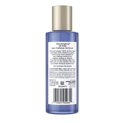 Neutrogena Oil-Free Liquid Eye Makeup Remover, Residue-Free, Non-Greasy, Gentle & Skin-Soothing Makeup Remover Solution with Aloe & Cucumber Extract for Waterproof Mascara, 5.5 fl. Oz (Pack of 4)