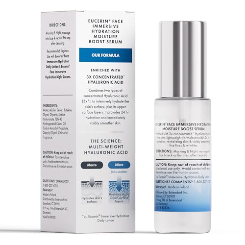 Eucerin Face Immersive Hydration Moisture Boost Face Serum, Skin Care Gifts for Mom, Ultra-Lightweight Hyaluronic Acid Serum Smooths Fine Lines and Wrinkles, 1 Fl Oz Bottle