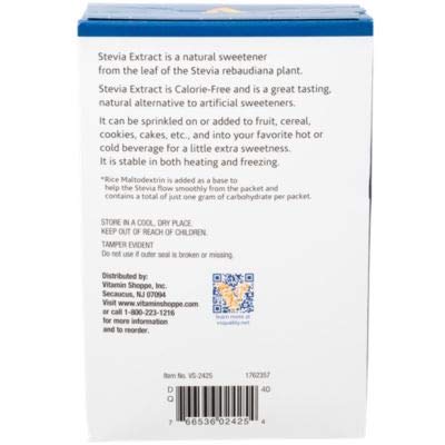The Vitamin Shoppe Stevia Extract, Natural Sweetener, Non GMO, Zero Calories, Non Bitter Aftertaste, Herbal Sweetener (100 Packets)
