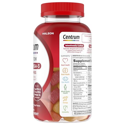 Centrum MultiGummies Multi+ Omega 3 Dual Action, Adult Multivitamin, Multivitamin/Multimineral/Omega 3 Supplement, Strawberry/Lemon/Orange Flavors - 110 Count