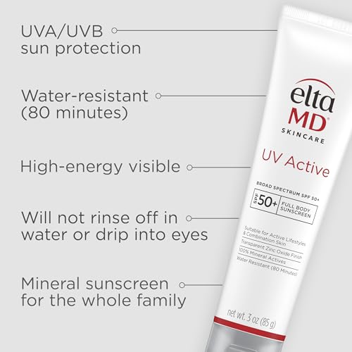 EltaMD UV Active Mineral Sunscreen with Zinc Oxide, Water Resistant Sunscreen SPF 50+ Up to 80 Minutes, Oil Free SPF for Face and Body, 3.0 oz Tube