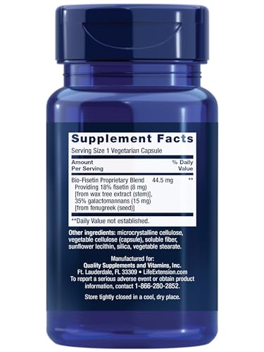 Life Extension Bio-Fisetin, Fisetin, galactomannans from Fenugreek Seed, Cellular Health, Cognitive Health, Longevity, Gluten-Free, Vegetarian, Non-GMO, 30 Vegetarian Capsules