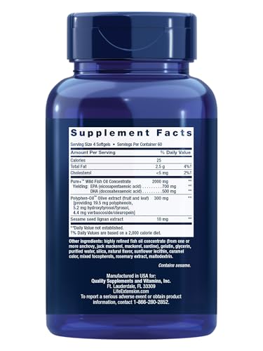 Life Extension Super Omega-3 EPA/DHA Fish Oil, Sesame Lignans & Olive Extract – Heart Health, Brain Health, Inflammation Health Support, Gluten-Free, Easy to Swallow, Non-GMO, 240 Softgels