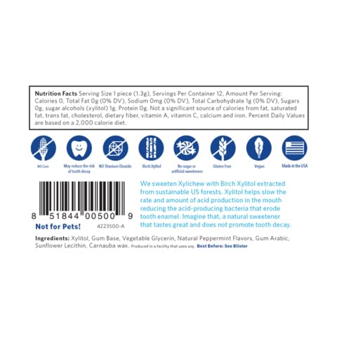 Xylichew Xylitol Gum - Chewing Gum Sugar Free, Aspartame Free, Gluten Free, Keto - Sugarless, Healthy, Natural Oral Care - Relieves Bad Breath and Dry Mouth - Peppermint, 288 Count