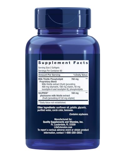Life Extension Advanced Milk Thistle, Liver Health Supplement, Liver Detox, Cell Division, silymarin, silybin, bioavailable, Gluten Free, Non-GMO, 120 softgels