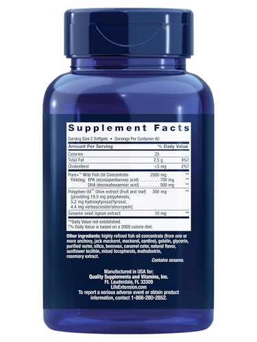 Super Omega-3 EPA/DHA Fish Oil, Sesame Lignans & Olive Extract - For Heart & Brain Health – For Inflammation & Cholesterol Management – Gluten-Free, Non-GMO – Lemon Flavor 120 Softgels