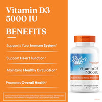 Thumbnail for Doctors Best Vitamin D3 5000 IU, Supports Heart, Bones, & Immunity, Non-GMO, Gluten Free, Soy Free, Vegetarian 180 Veggie Softgels