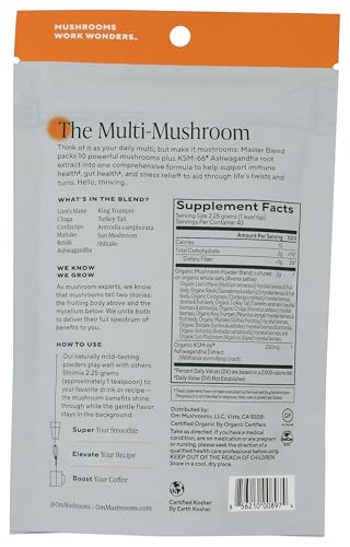 Om Master Blend Mushroom Powder – Organic Mushroom Supplement with 10 Mushrooms and Ashwagandha - Support Immunity, Gut Health & Stress Relief, 3.17 oz (40 Servings)