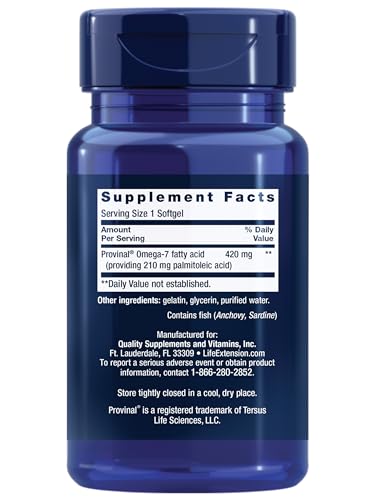 Life Extension Provinal Purified Omega-7, palmitoleic Acid derived from Highly Concentrated Marine Oil, Cholesterol, triglycerides & Heart Health Support, Gluten-Free, Non-GMO, 30 softgels