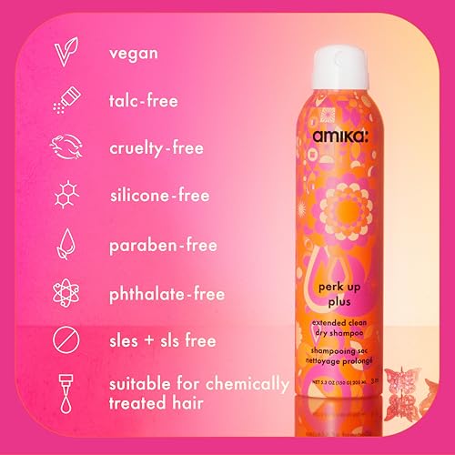 amika perk up plus extended clean dry shampoo, 9.5oz | revitalizes roots + boosts time between washes with no residue or build up | for all hair types