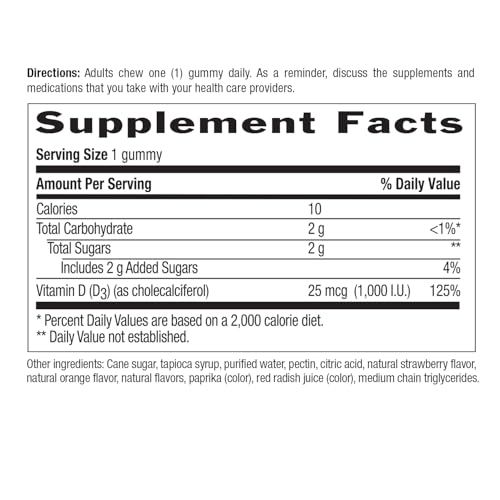 Country Life Vitamin D3 Gummies – 1,000 IU Cholecalciferol, 60 Count – Supports Bone & Immune Health – Vegetarian, Gluten-Free, Strawberry & Orange Flavors – Pectin-Based, No Artificial Sweeteners