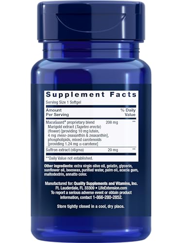 Life Extension MacuGuard Ocular Support with Saffron – Eye Health Supplement for Healthy Vision – with Lutein, Meso-zeaxanthin, zeaxanthin, Saffron – Gluten-Free, Non-GMO – 60 softgels