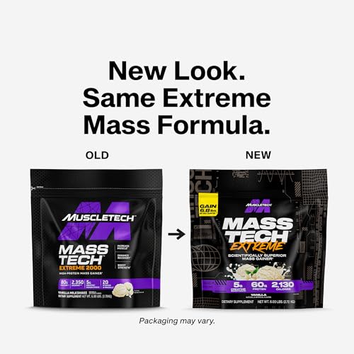 Muscletech High-Protein Mass Gainer (Vanilla Milkshake, 6LB) - Mass Tech Extreme 2000 Mass Gainer Protein Powder Supplement - Weight Gainer for Increase Muscle & Enhanced Recovery - Packaging May Vary