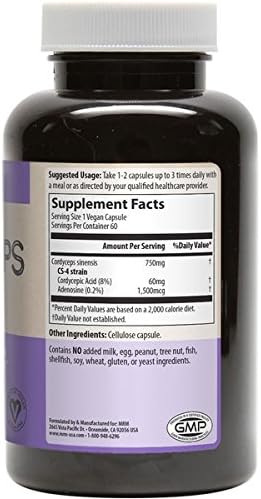 MRM Cordyceps Vegetarian Capsules, CS-4 Strain, 750 mg, 60- Count Bottle (Pack of 2)