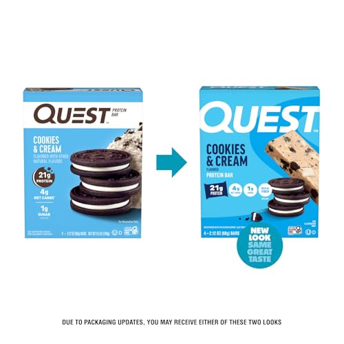 Quest Nutrition Cookies & Cream Protein Bars, 21g Protein, 4g Net Carbs, 1g Sugar, High Fiber, Gluten Free, Keto Friendly, 4 Count