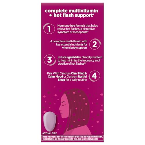 Centrum Complete Multivitamin Supplement + Hot Flash Support Menopause Support Tablets, with Clinically Studied geniVida, 30 Count